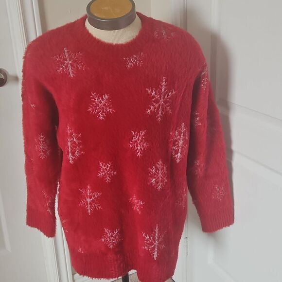 Torrid Eyelash Lurex Crew Pullover Sweater With Snowflake Red & Silver 1X 14-16 - Picture 6 of 16